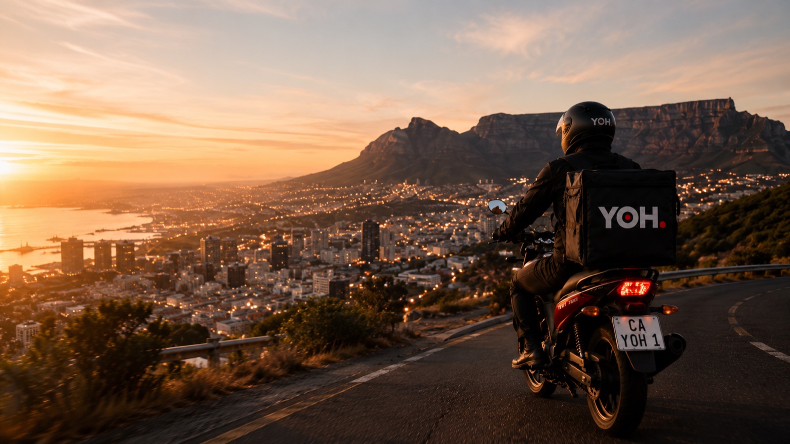 A YOH rider on the road above Cape Town at sunset